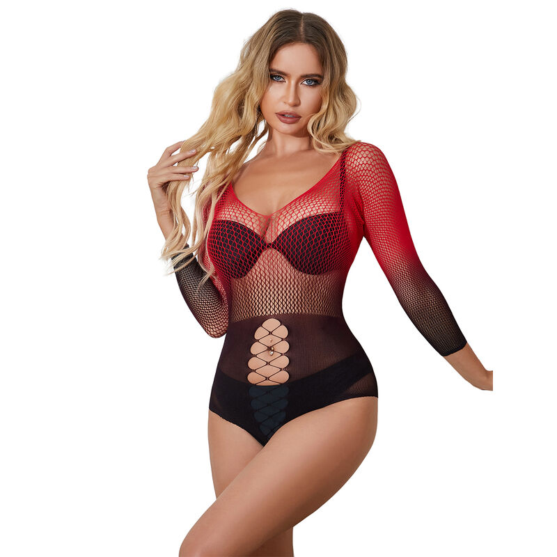 952259 RED AND BLACK GRADIENT LONG SLEEVE ELASTIC FISHNET DRESS ONE SIZE