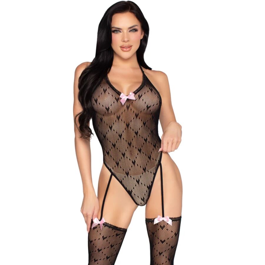 89360 OPEN BACK BODYSUIT WITH GARTER BELT BLACK- ONE SIZE