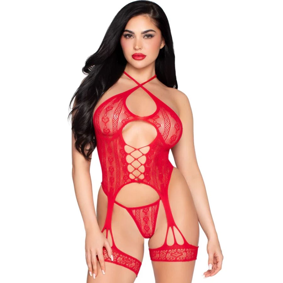 89338 LACE OPEN BODYSUIT WITH GARTER BELT + THONG RED ONE SIZE